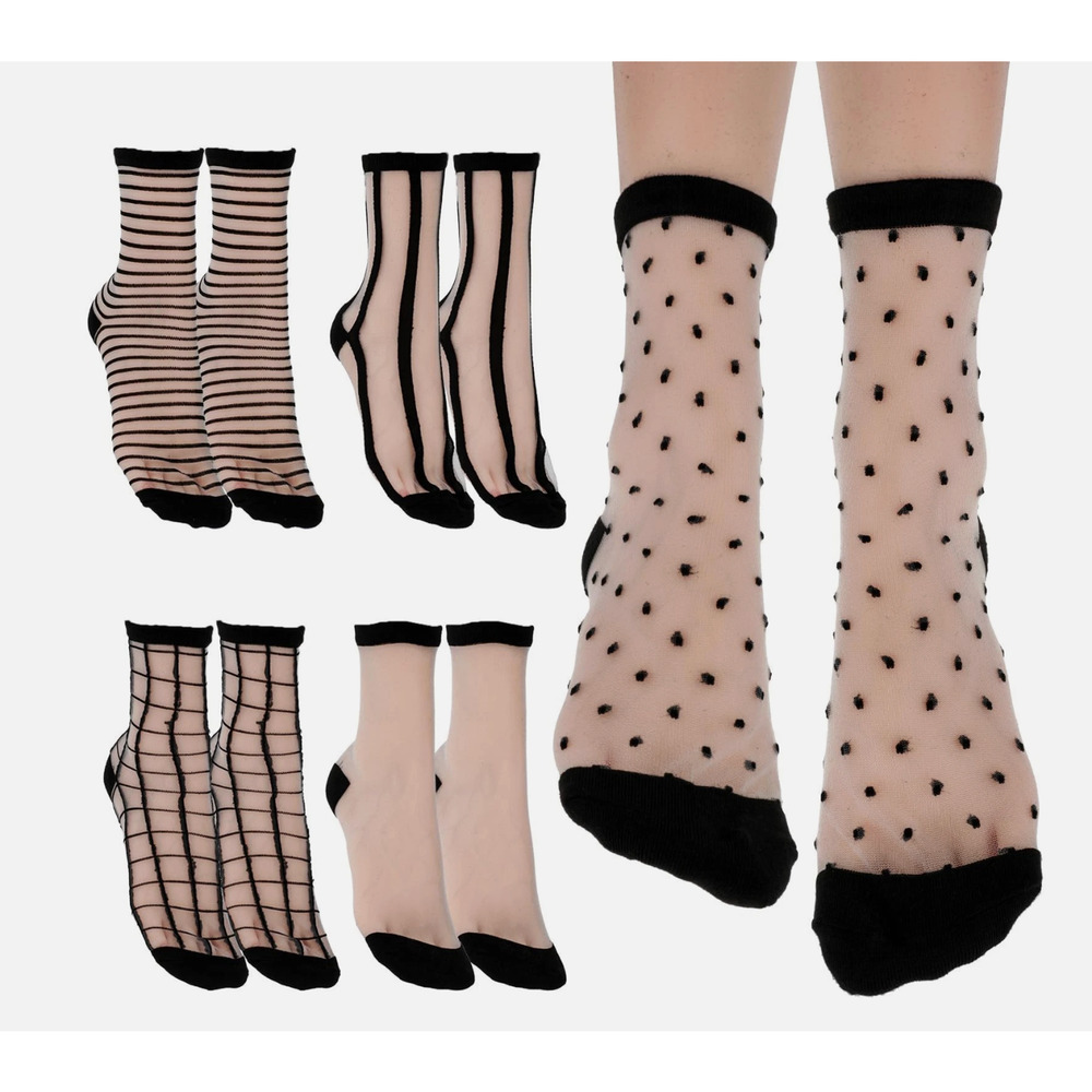 5 Pairs Sheer Black Socks Women Y2K Coquette Mesh Polka Dot Stripe Set